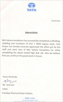 Tata Certificat to Sahara Insulation